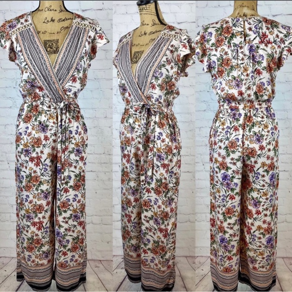 Angie Floral Print Crossfront Ladder Lace Wide Leg Jumpsuit